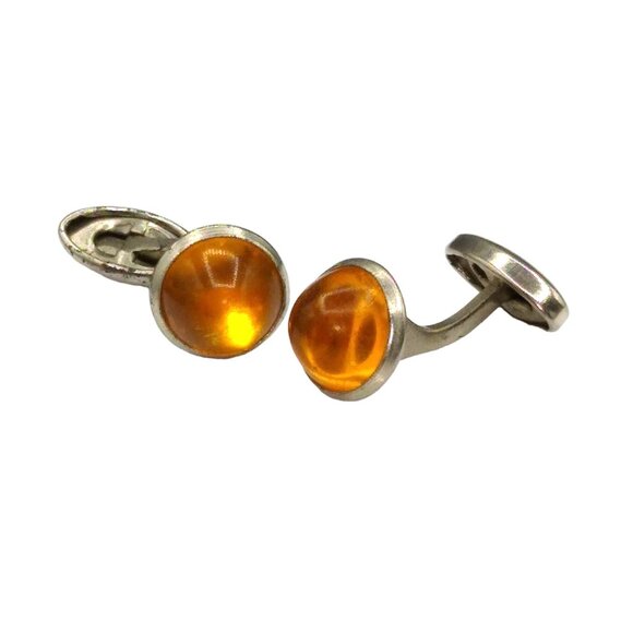 Antique Cufflinks Amber Lucite on Silver Tone, Bean Back with High Resin Dome - Picture 2 of 3